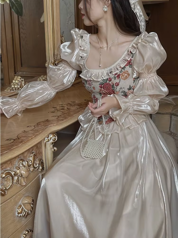 Vintage élégant imprimé robe florale femmes 2023 automne col rond décontracté soirée robe mi-longue 
