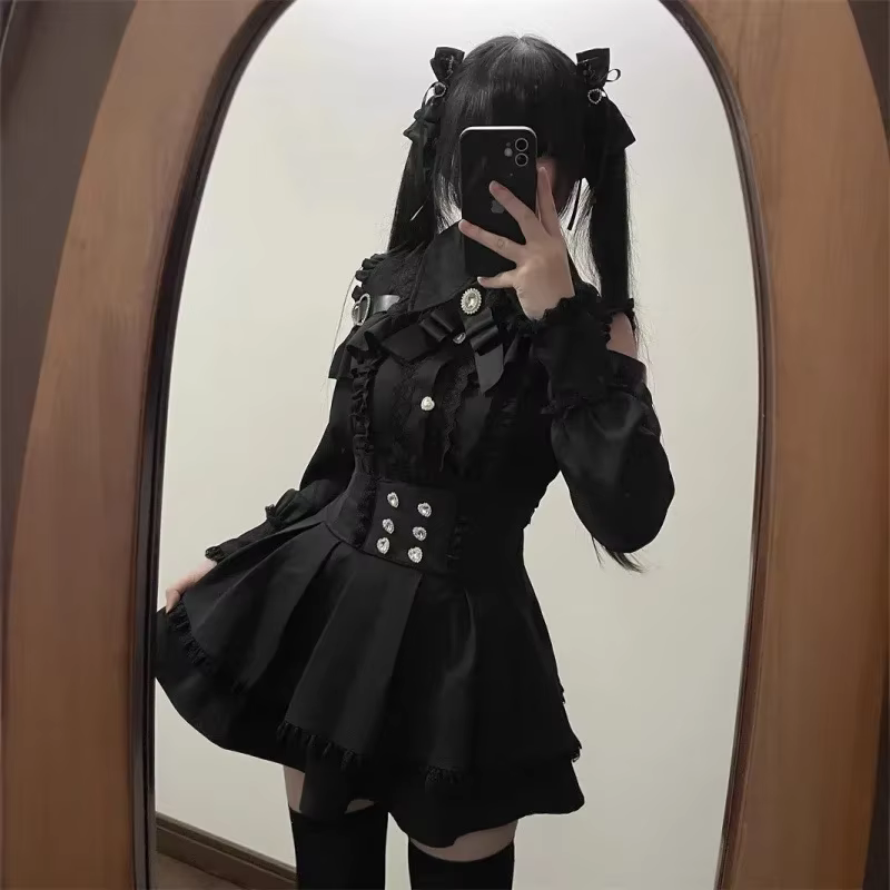 Ensemble Lolita pour femmes, haut en maille et jupe cintrée à la taille, cordon de Style de rue japo