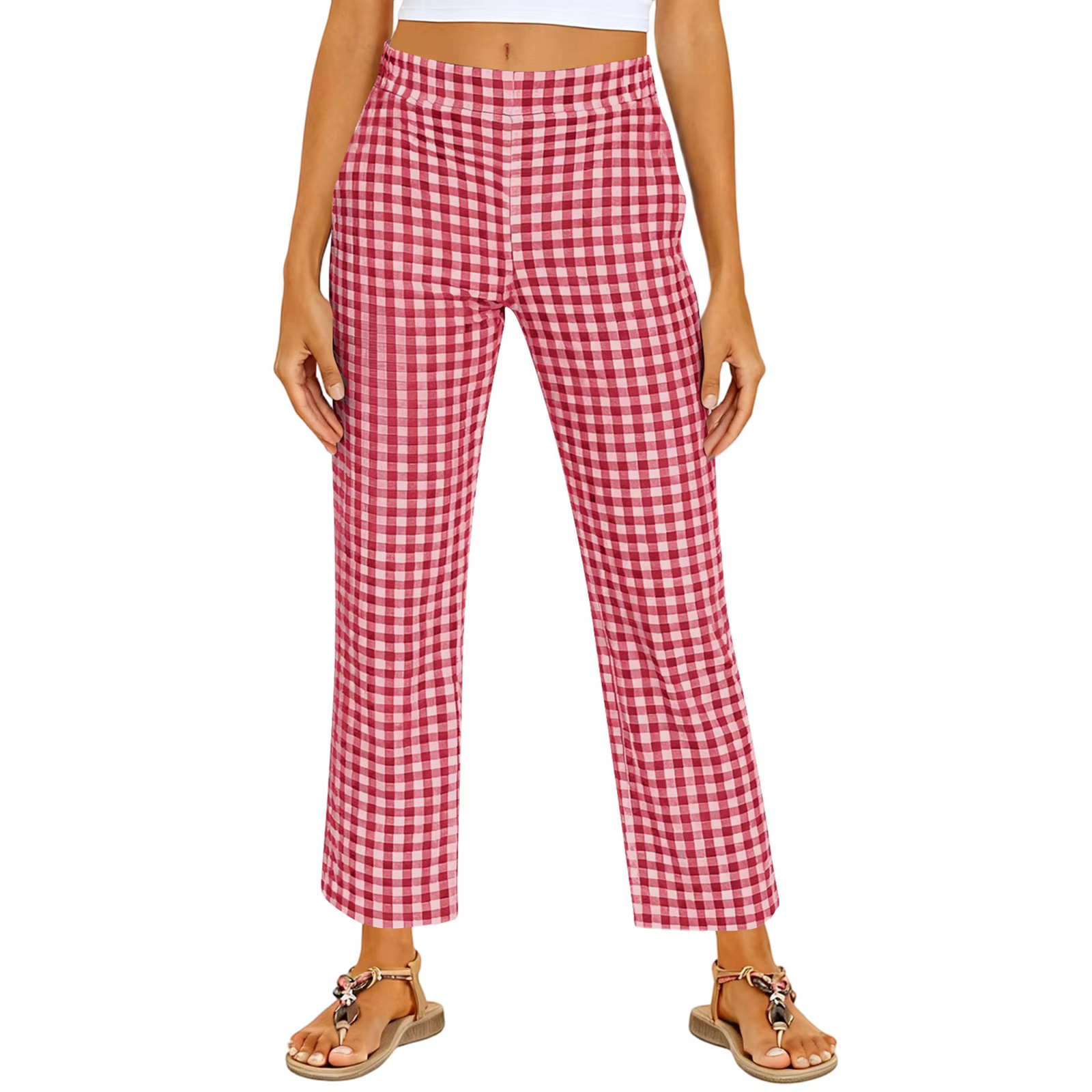 Pantalon décontracté à jambe droite à taille élastique en vichy pour femmes, à porter au quotidien,