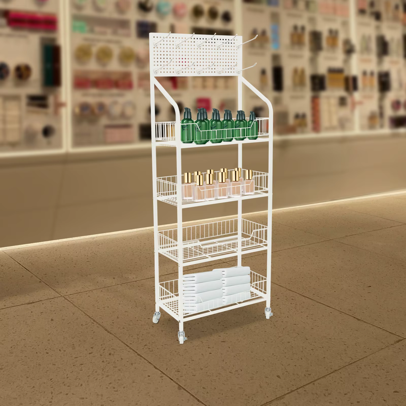 Présentoir de vente au détail T1, support de collation, présentoir de bonbons, panier blanc, chariot