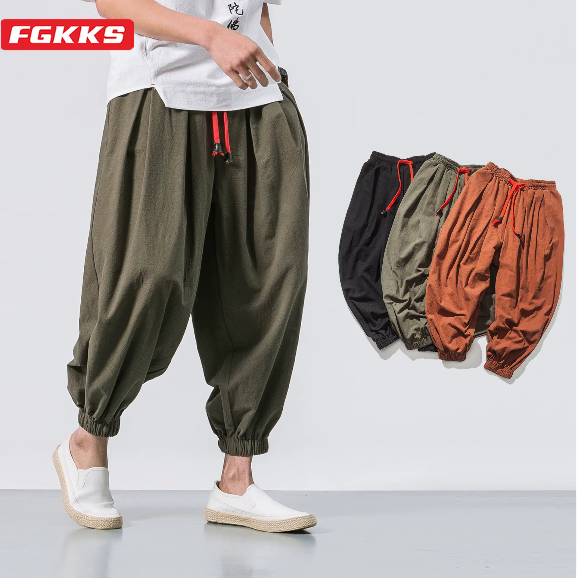 FGKKS printemps hommes sarouel ample lin chinois surpoids pantalons de survêtement de haute qualité