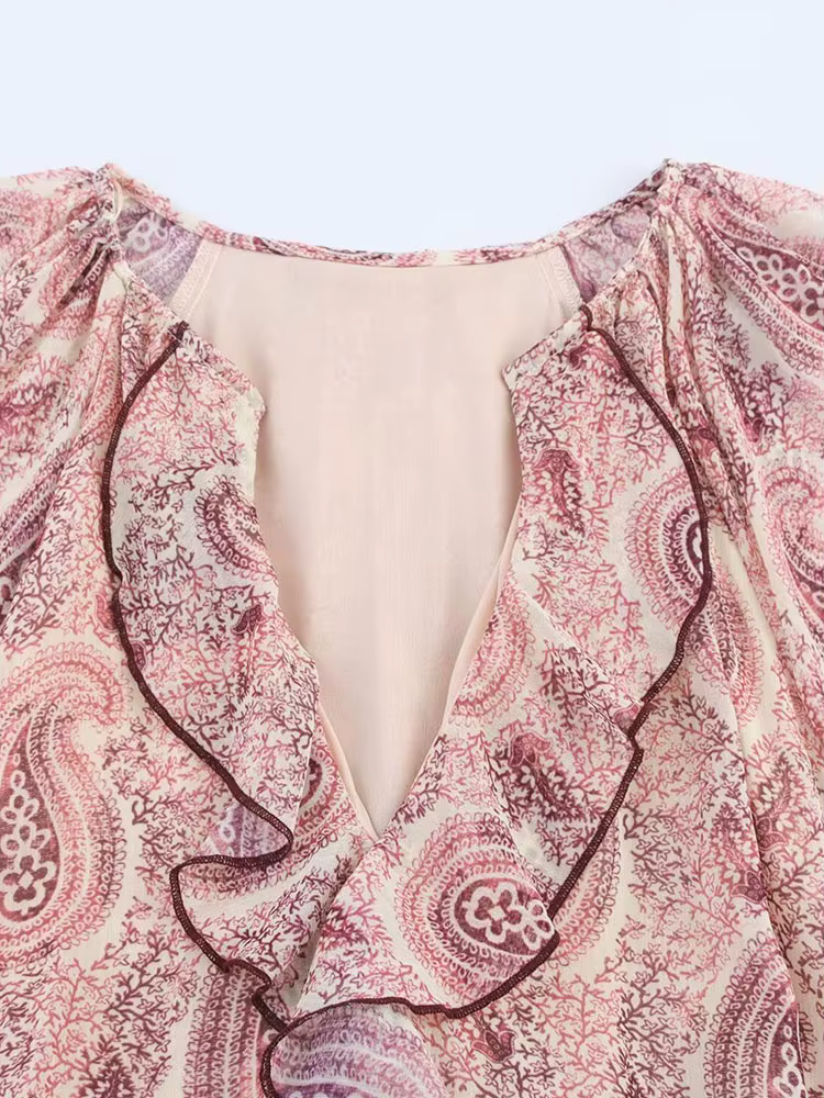 Robe MIDI d'été en mousseline de soie pour femmes, imprimé Vintage, col en v, volants en cascade, ma