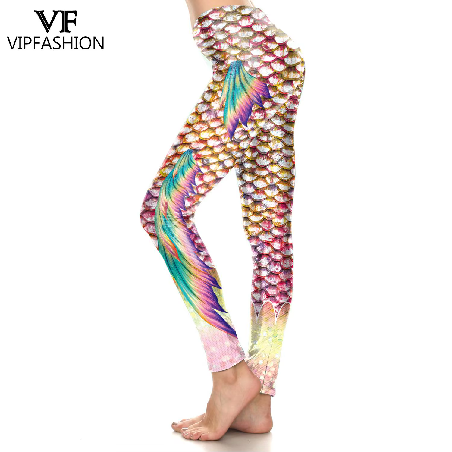 Leggings sirène colorés VIP FASHION pour femmes, taille haute, effet écailles de poisson, pantalon m