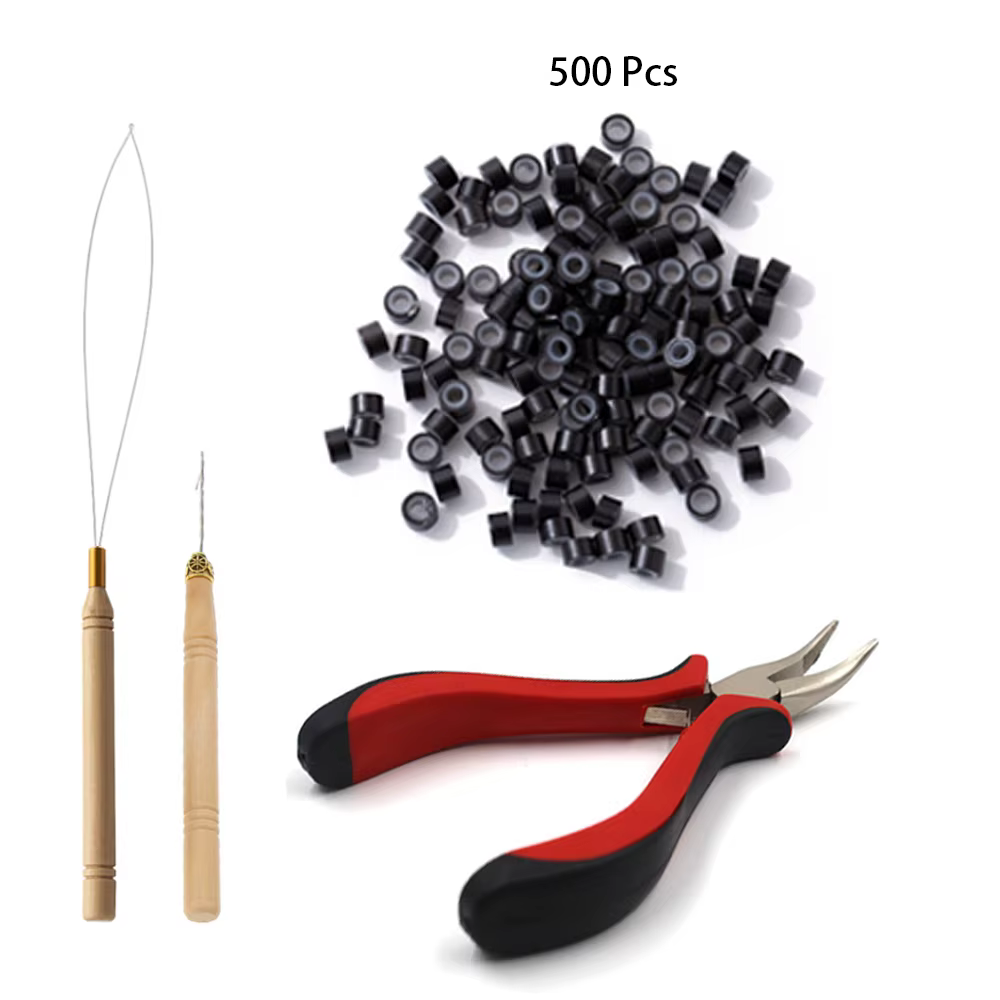 Kit d'outils pour Extensions de cheveux, perles, Micro aiguille de traction, enfile-boucle et 500 Mi