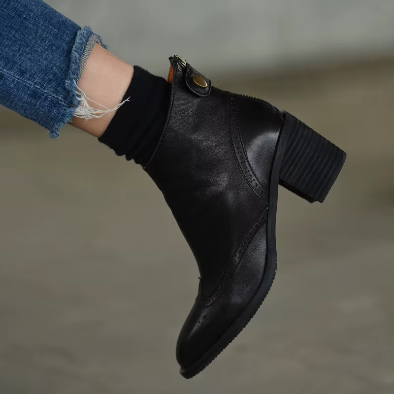 Bottines en cuir de vache à talons épais pour femme, chaussures classiques, Style européen, automne,