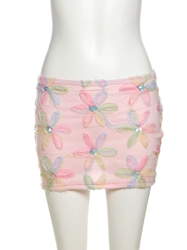 Bizarre Puss Coloré Fleurs Jupes Femmes Paillettes Patchwork Maille Tendance D'été Doux Street Party