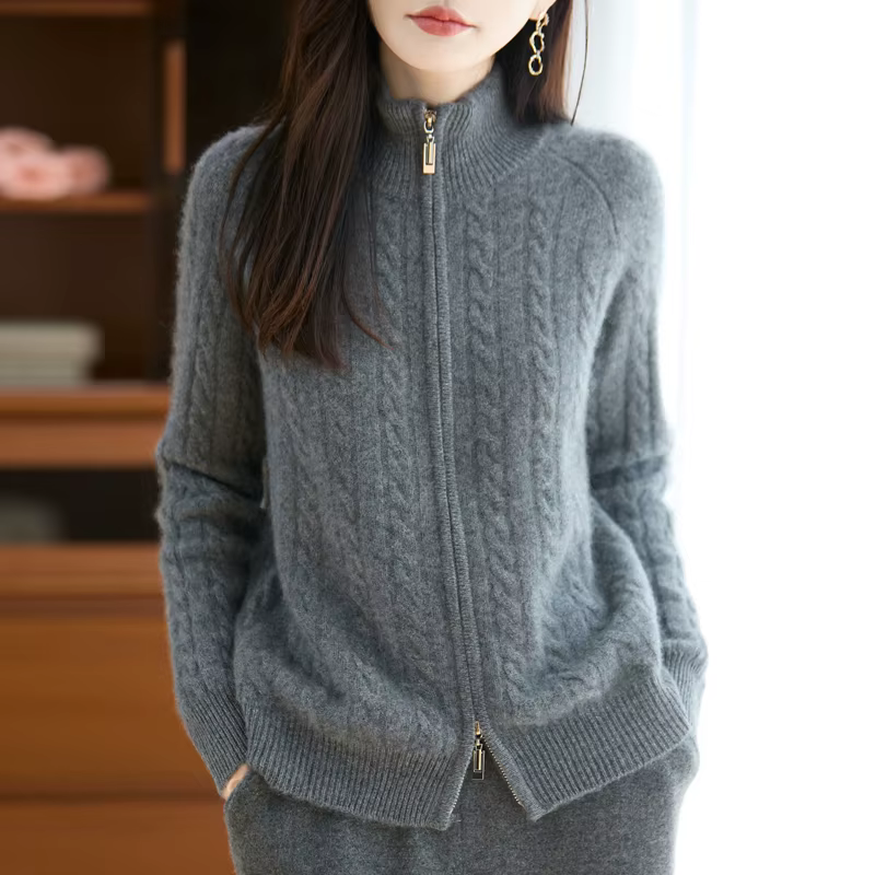 Cardigan 100% laine mérinos avec fermeture éclair pour femme, pull à câble épais, tricot chaud, vête