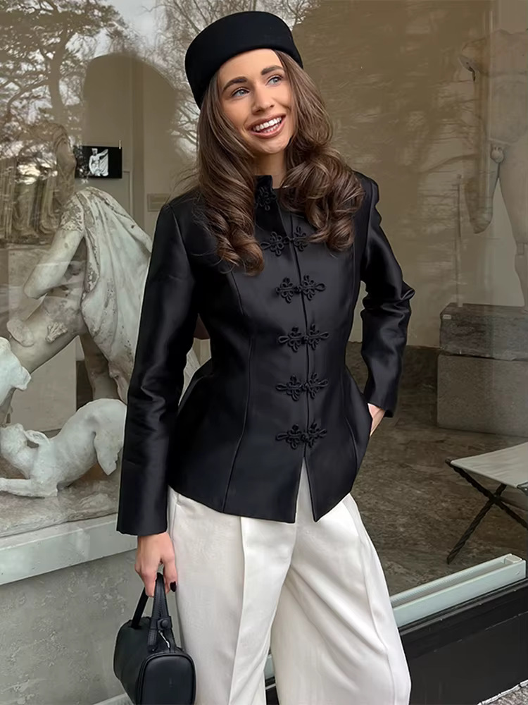 Veste élégante en satin à boutons grenouillère pour femme, col montant chinois, coupe ajustée, colle