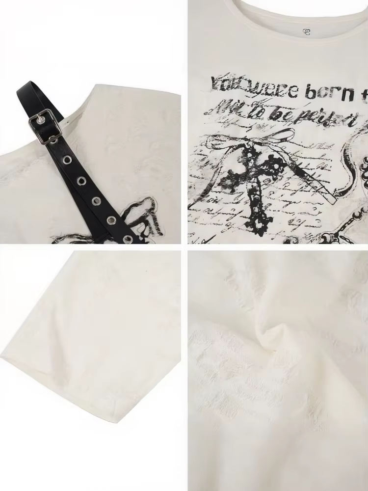T-shirt vintage Y2K oversize à épaules dénudées avec imprimé, haut déchiré à trous, manches longues,