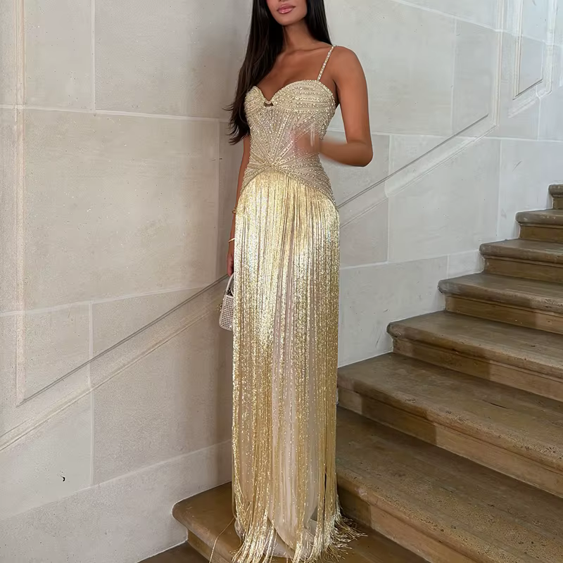 Robe portefeuille Sexy sans manches à franges creuses, dos nu, coupe cintrée, à paillettes brillante