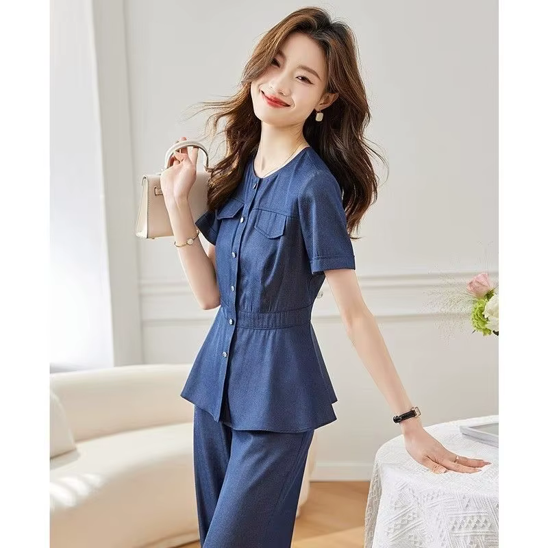 Ensemble en Jean à Manches Courtes pour Femme, Chemise en Denim et Pantalon Droit, Cardigan à la Mod