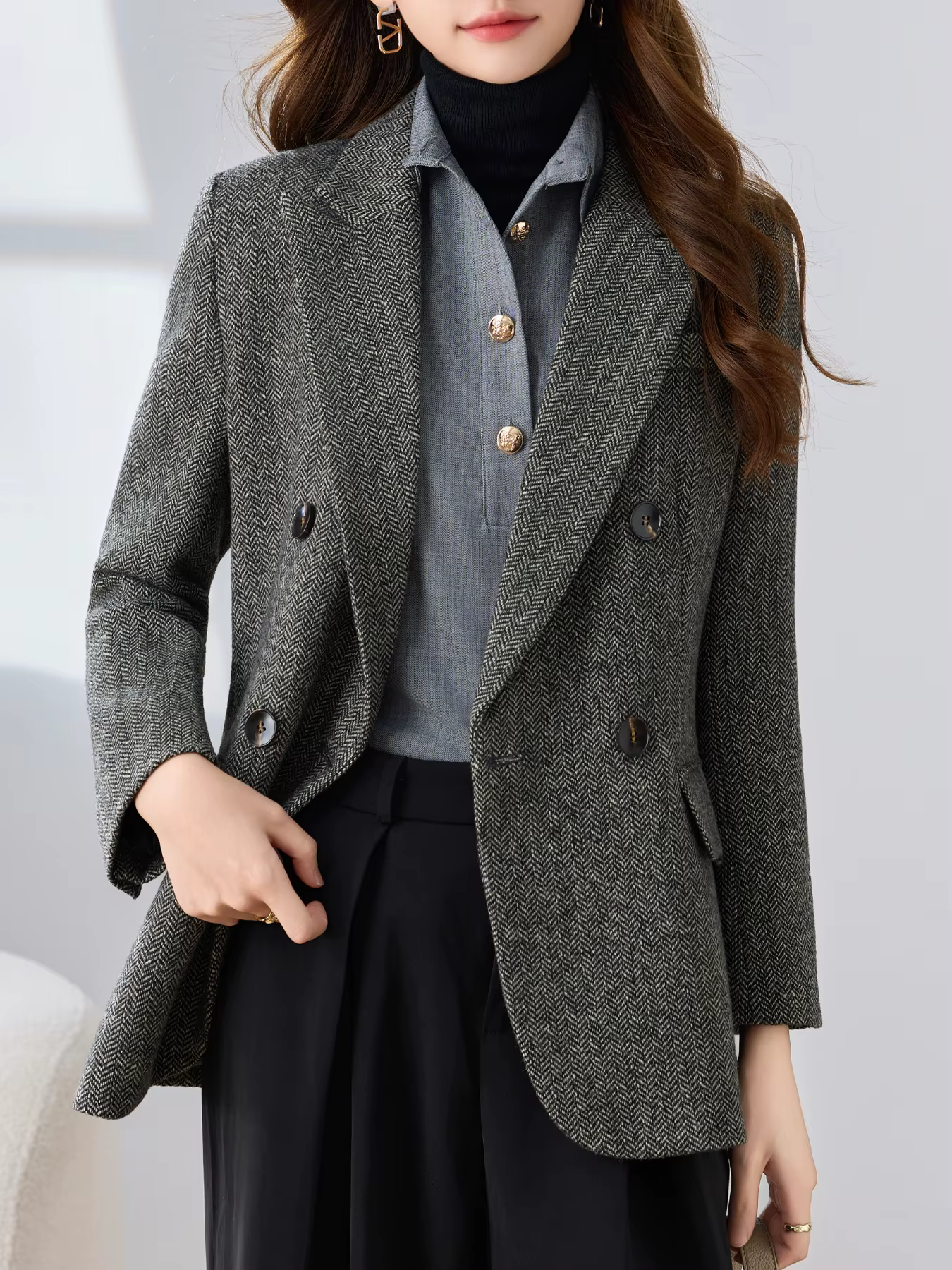 Blazer pied-de-poule à revers, Double boutonnage, avec ourlet fendu, Design élégant, couleur unie, h