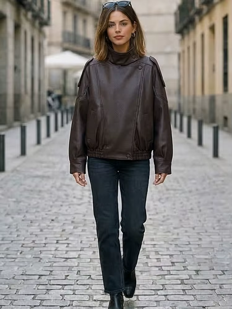 Willshela – vestes en PU pour femmes, fermeture éclair sur le devant, Vintage, col haut, manches lon