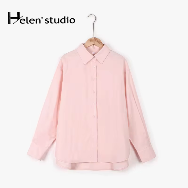 Chemise ample 100% coton pour femme, élégante et décontractée, col rabattu, manches longues