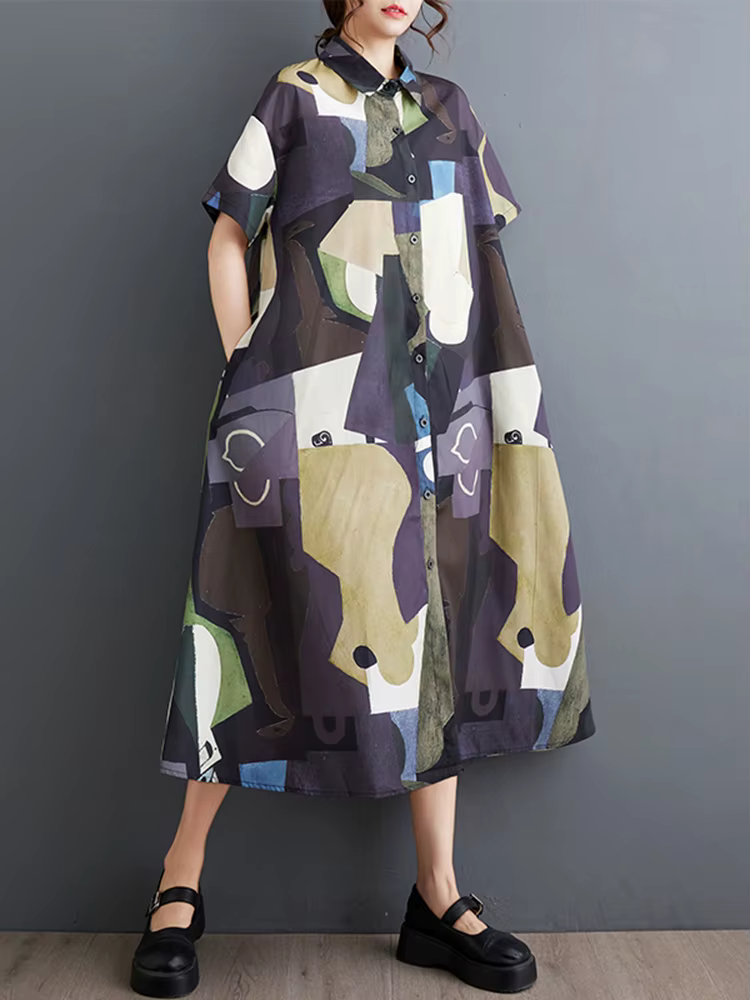 Nouvelles Robes Chemises Imprimées Vintage Été 2026 pour Femmes – Robe Midi Décontractée Ample à Man