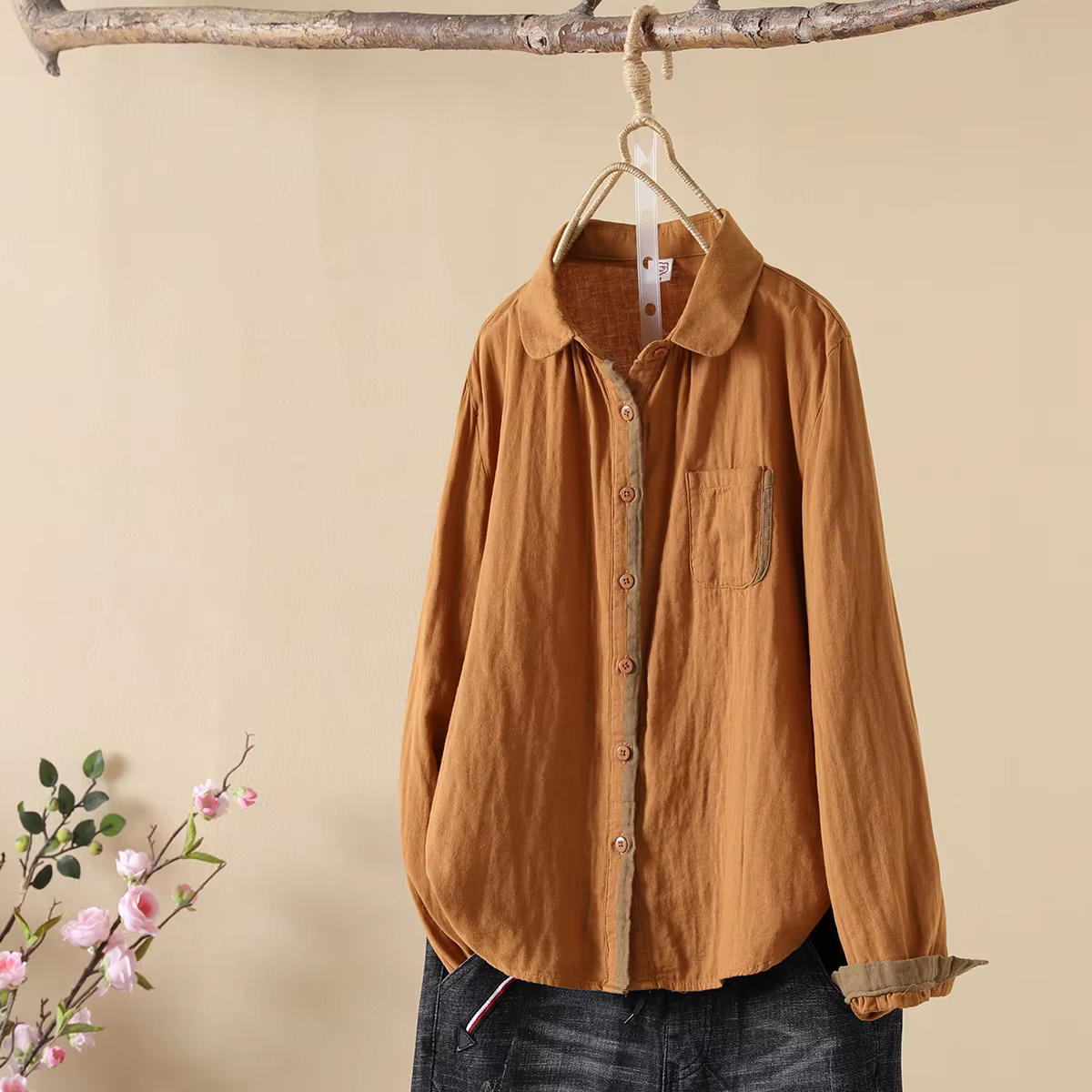 Chemises assorties en coton pour femmes, haut à col à revers, manches longues, chemisiers basiques,