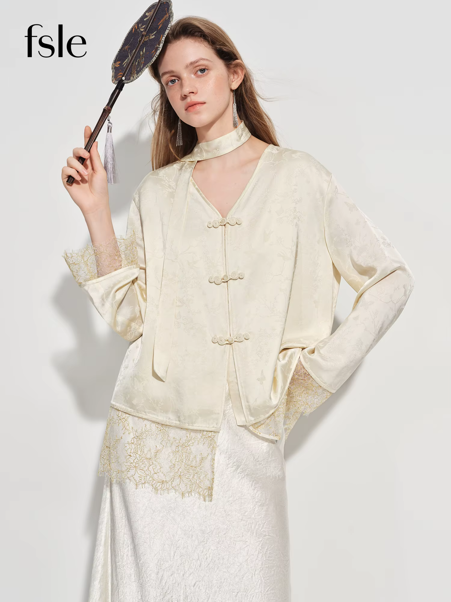 FSLE Nouvelle Blouse Femme en Satin Jacquard d'inspiration chinoise, Col en V, Fermeture à Boutons, 