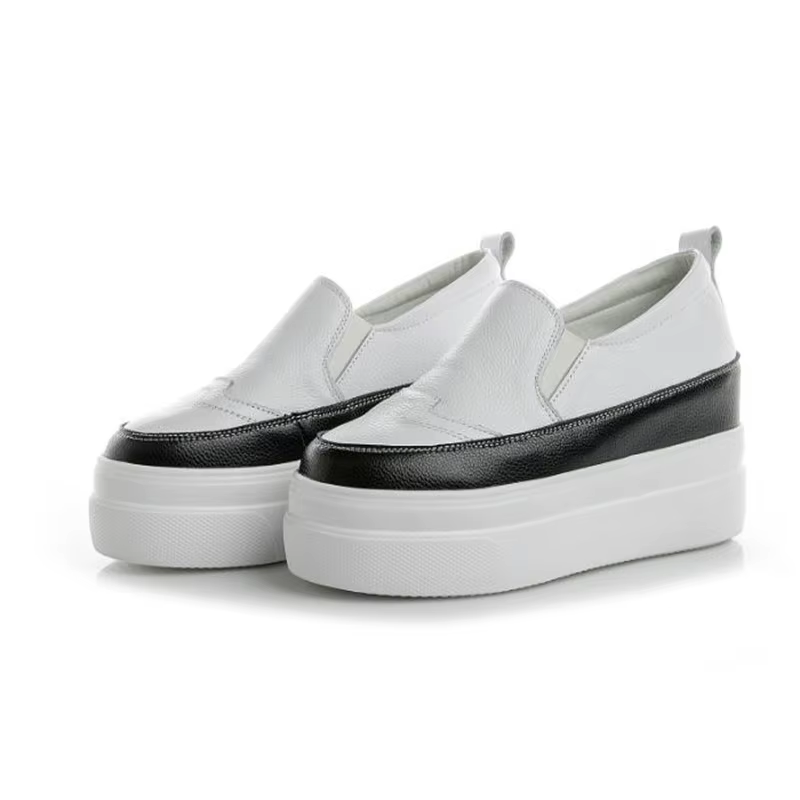 Chaussures à semelles compensées en cuir véritable, baskets épaisses à tête ronde de couleur unie, m