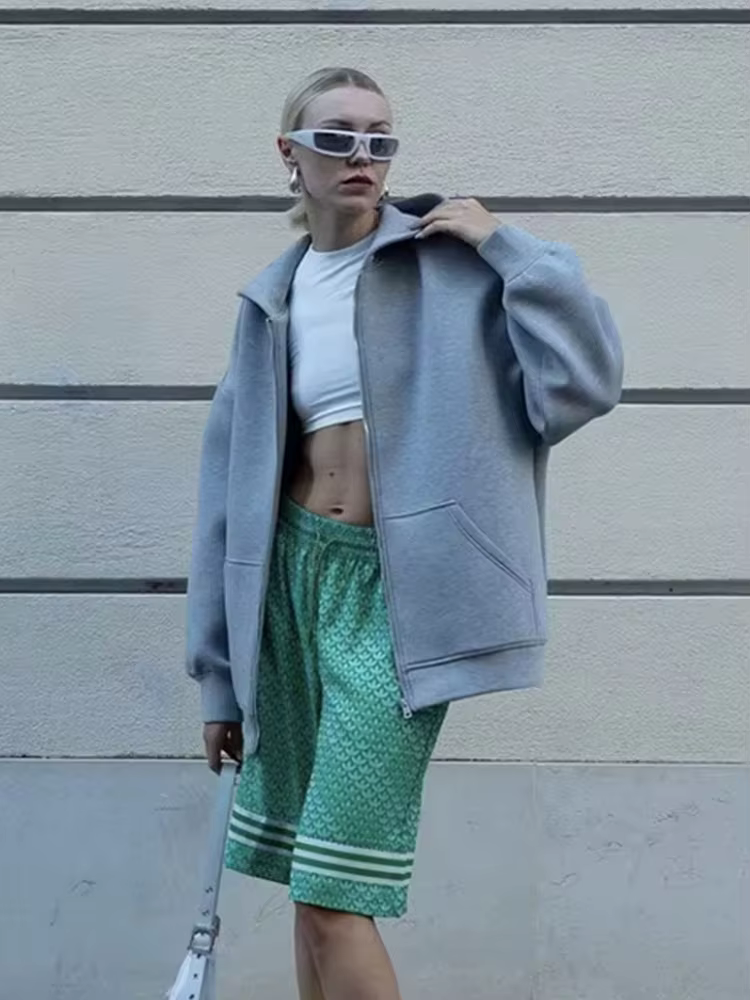 HH automne femmes décontracté veste à capuche ample surdimensionné fermeture éclair sweat à capuche