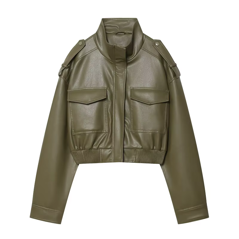 MUJER Faux cuir recadrée veste femmes Bomber Demi-saison vestes pour femmes à manches longues femmes
