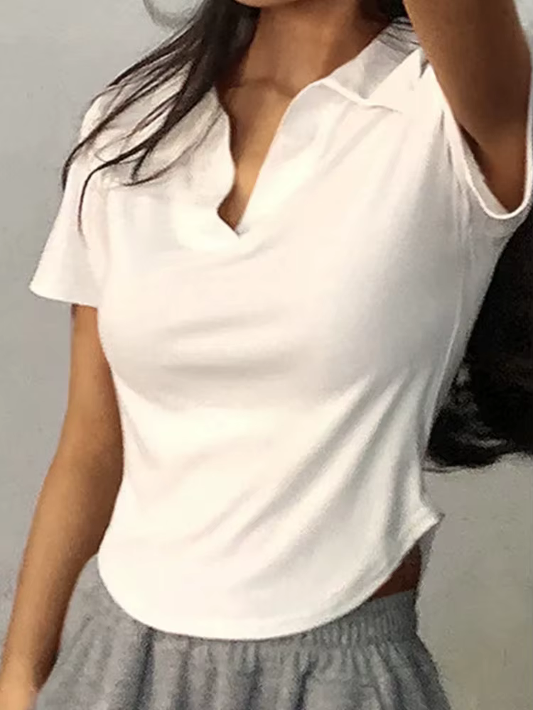 Haut à revers à manches courtes pour femmes, couleur unie, col en v, chemises rétro douces, haut cou