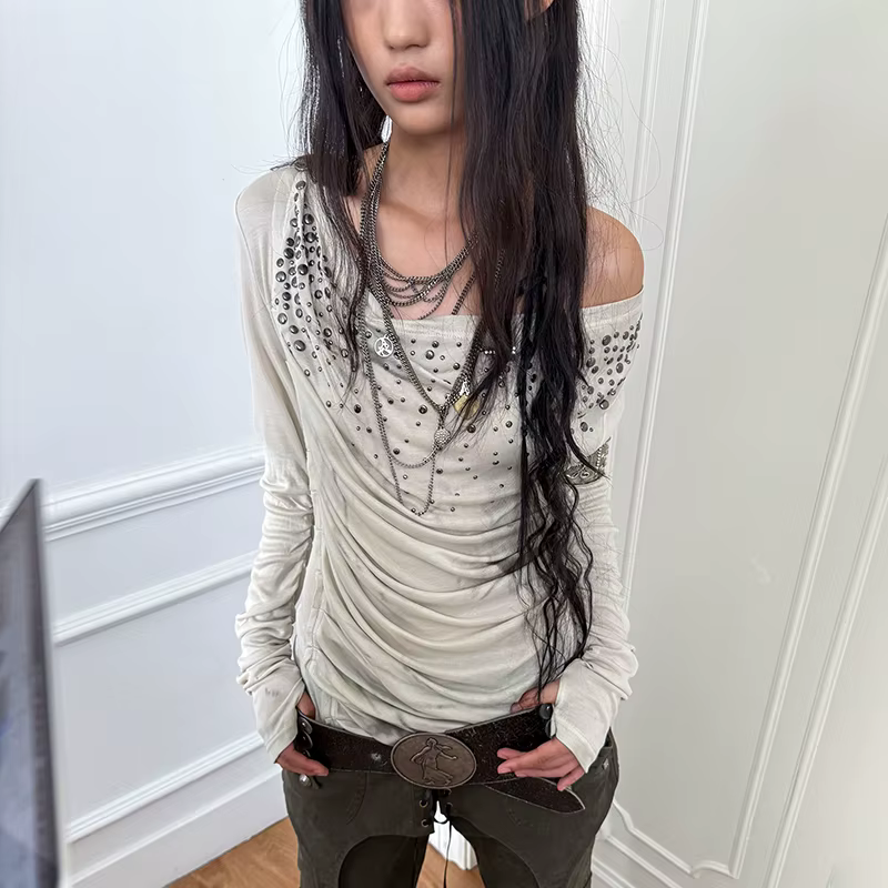 Karrcat Grunge Esthétique Hors Épaule Hauts Trashy Y2k Diamants Imprimé T-shirt Vintage années 2000 