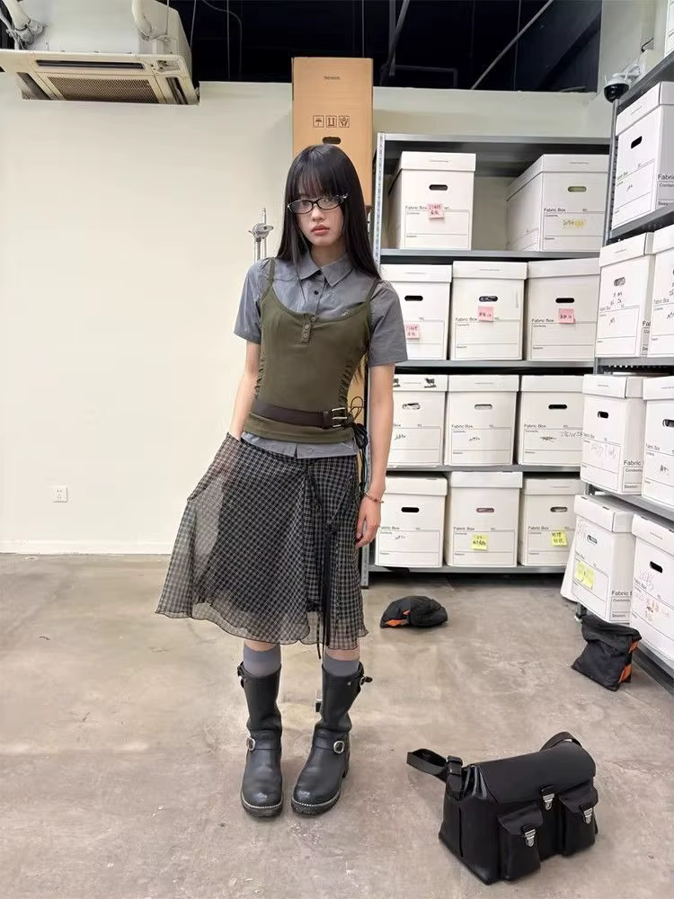 Deeptown Vintage Plaid maille jupes femmes japonais asymétrique mi jupe Y2k Harajuku à lacets jupes 