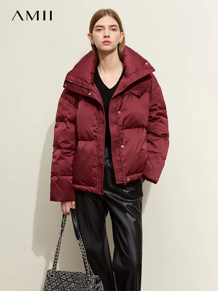 AMII-Doudoune courte en duvet de canard pour femme, manteau à manches tombantes, revers, bouffante, 
