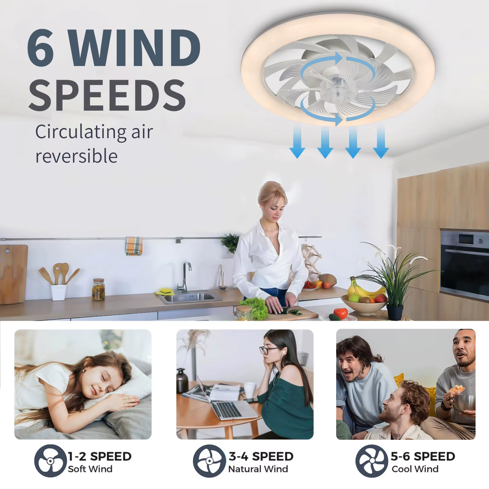 Plafonnier LED mince avec ventilateur de plafond de 48 cm, avec éclairage, faible bruit, suspension 