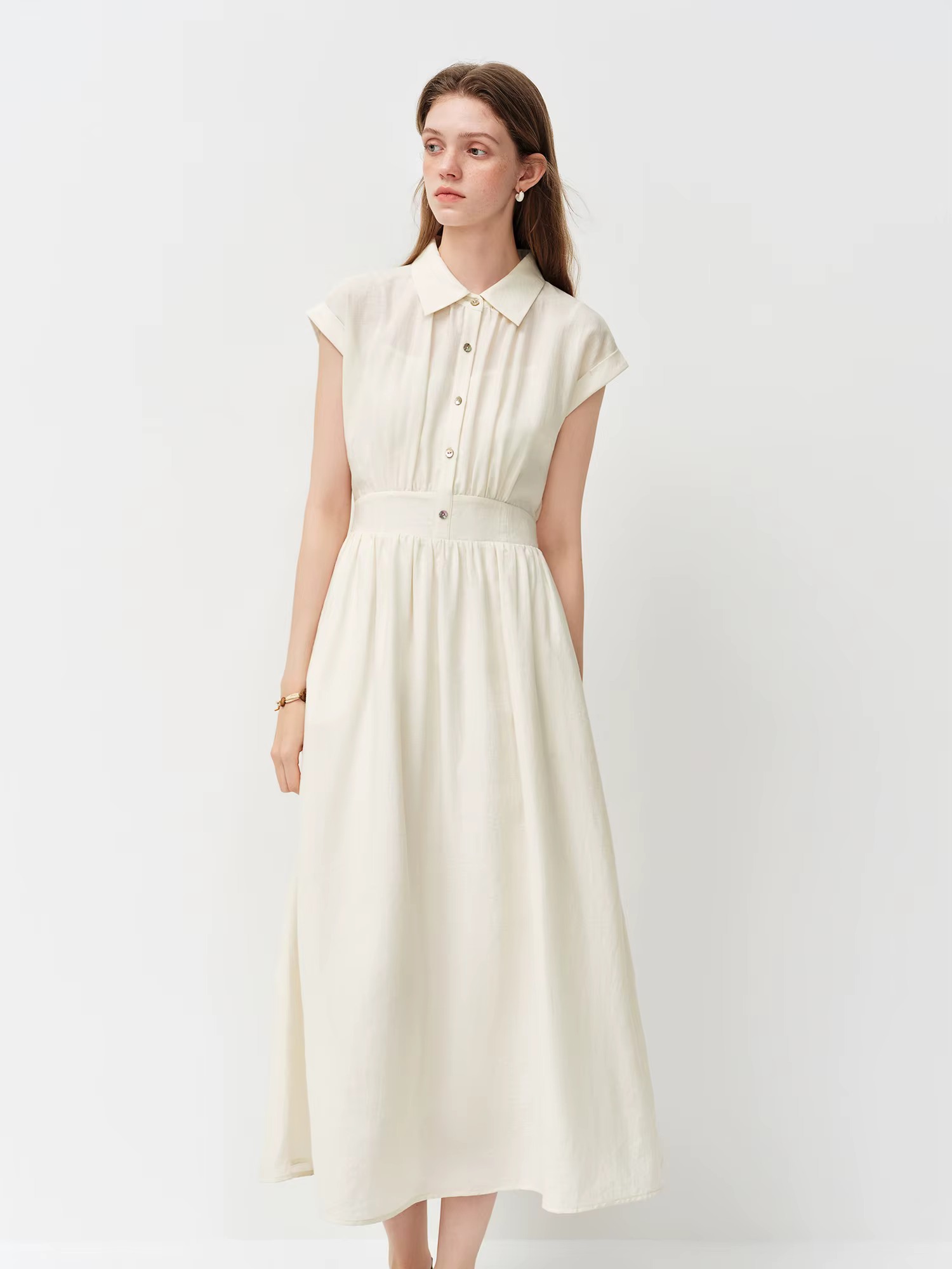Robe mi-longue en lin coupe trapèze à col rabattu sans manches et taille ajustée en tissu Lyon, nouv