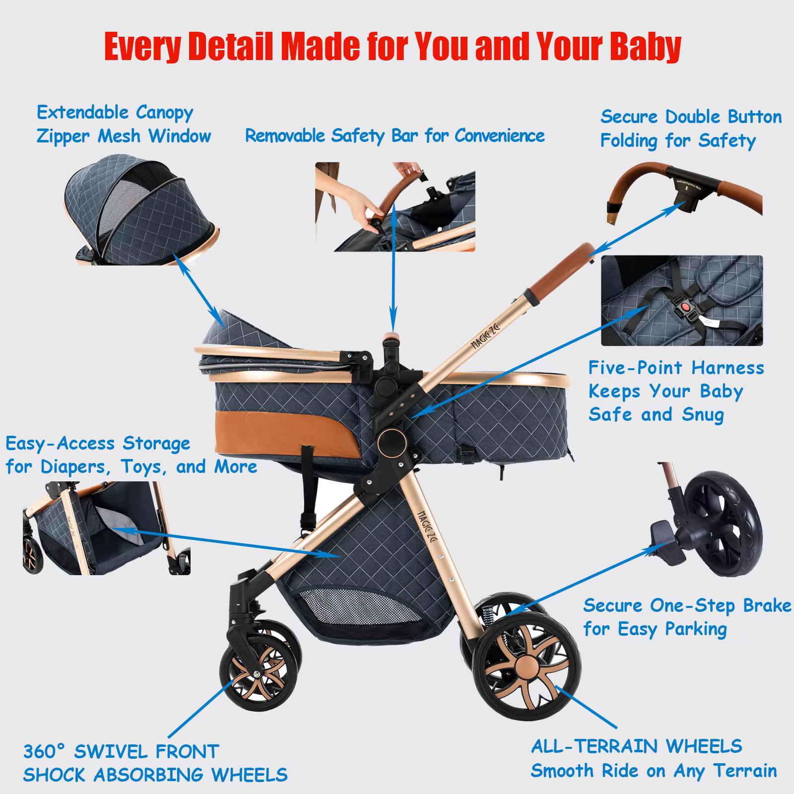 Poussette Bébé 3-en-1 Dynamique, Élégante et Fonctionnelle avec Siège Auto Sécurisé, Nacelle Confort