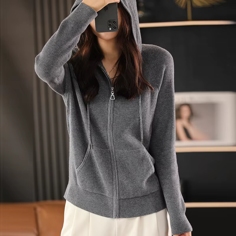 Pull en mélange de laine pour femme, col à capuche, tricoté épais, fermeture éclair, avec base de po