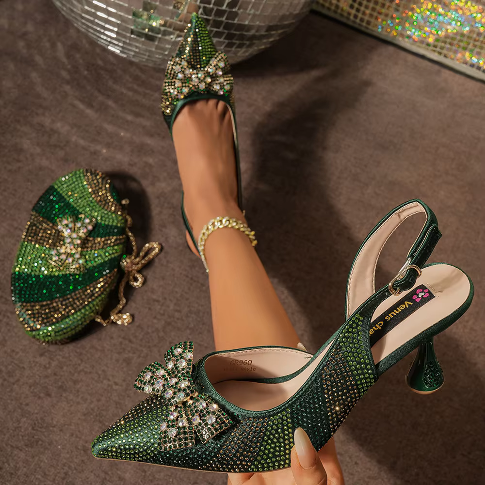 Venus Chan – chaussures et sacs à talons hauts pour femmes, couleur verte, bout pointu, strass, soir