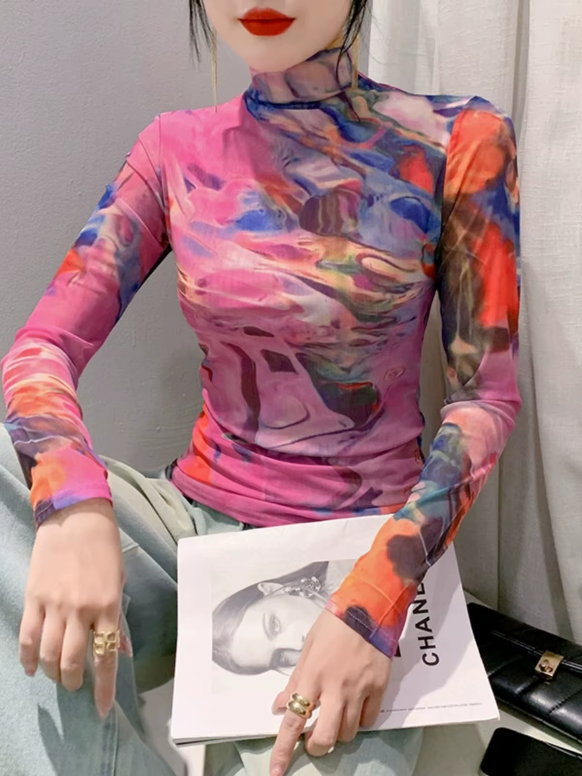 T-shirt en maille à col roulé à manches longues pour femmes, haut slim femme, taille S-4XL
