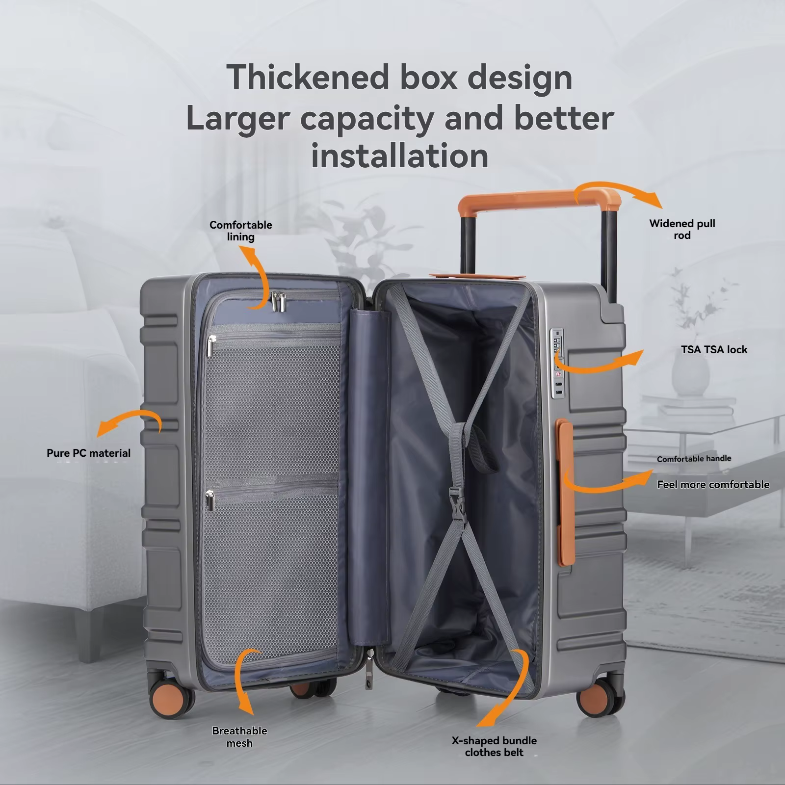 Valise à roulettes grande capacité en PC pur avec poignée large, légère, avec serrure douanière, rou