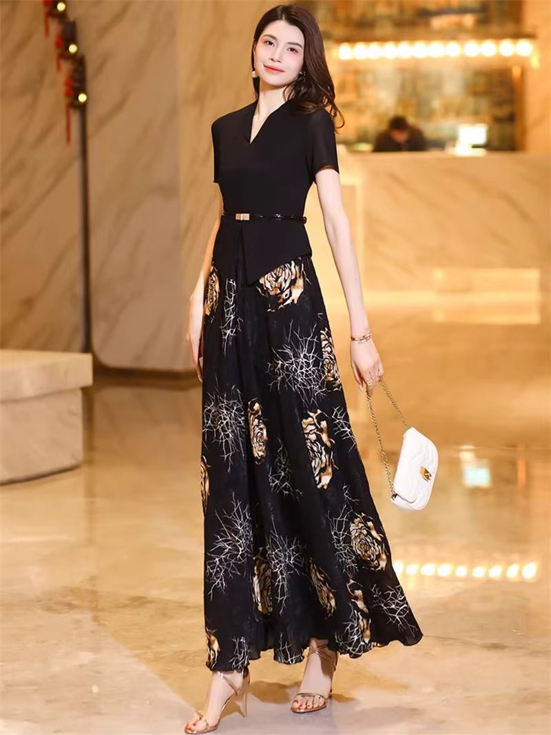 Robe d'été élégante à manches courtes, faux robe deux pièces haut de gamme, nouvelle mode imprimée, 