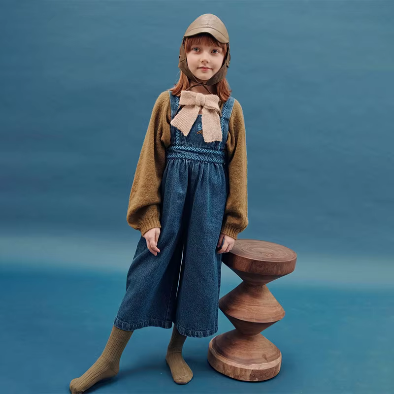 Pull pour enfants, série EM, Style campagnard, chemise à fleurs brodée, pantalon long, salopette, en