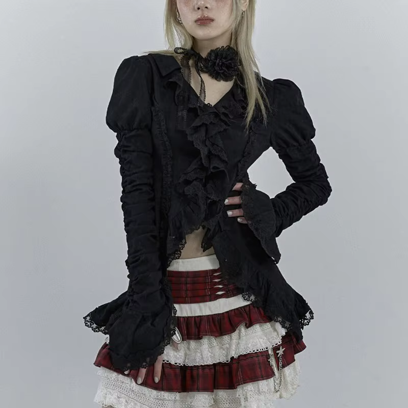 Karrcat-Chemise gothique en dentelle noire, chemisiers irréguliers esthétiques foncées, style CHRIST