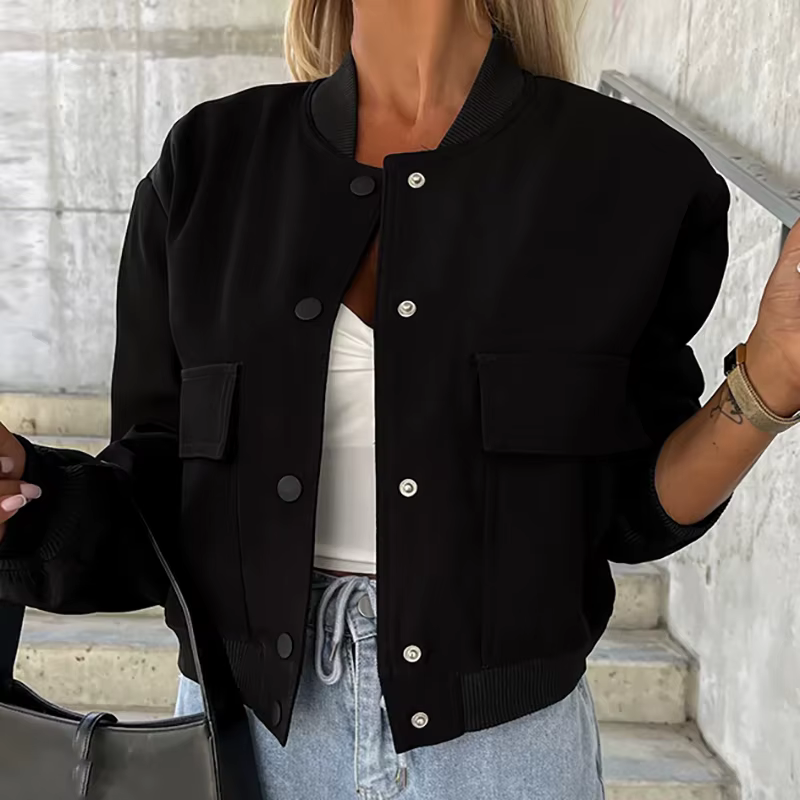 Veste Courte à Poches et Col Rond pour Femme, Manteau à Manches sulf, Décontracté, à Simple Boutonna