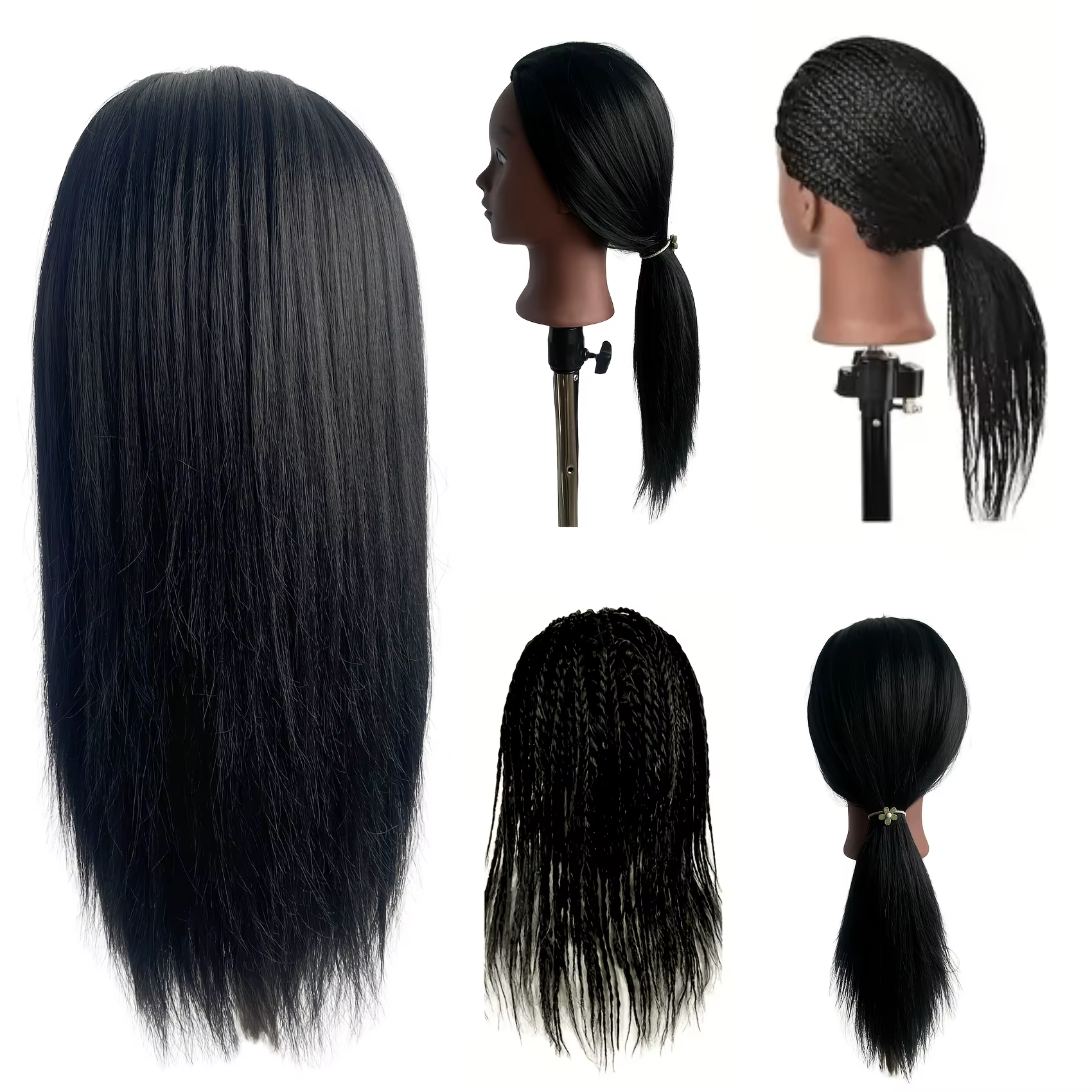 Tête de Mannequin noire de 16 pouces avec cheveux synthétiques pour la pratique du tressage, tête de
