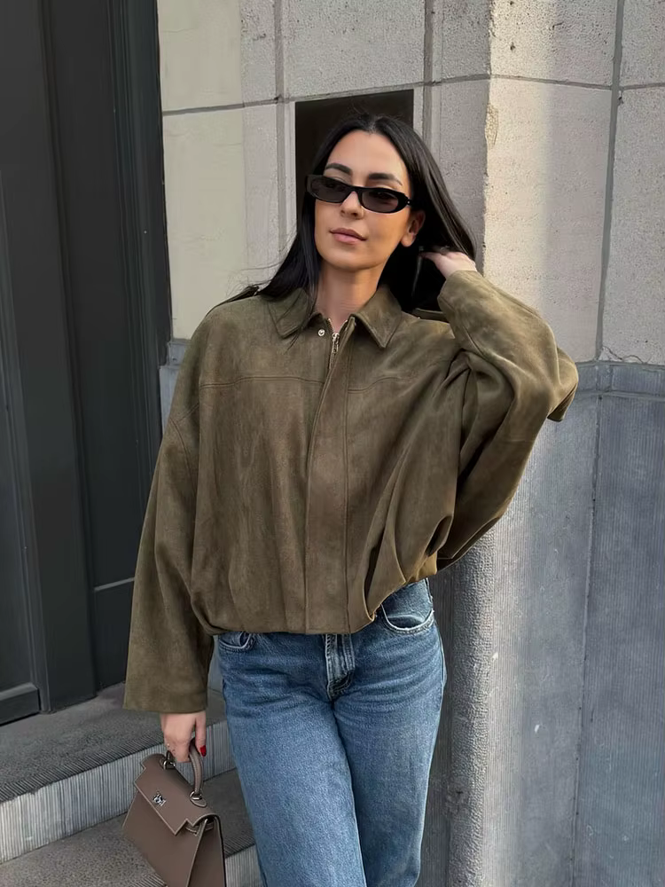 HH femmes rue mode solide ample daim Texture manteaux casual longues manches chauve-souris revers fe