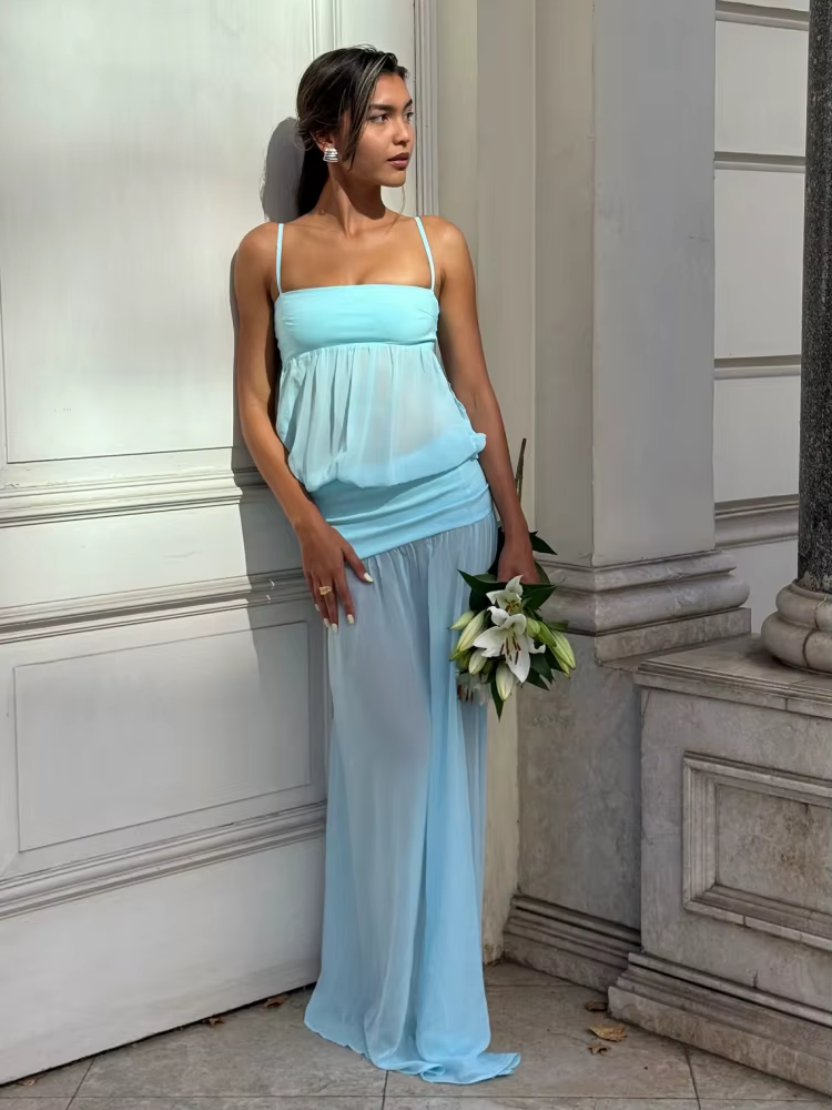 Robe longue sexy à fines bretelles, patchwork, ajourée, sans manches, transparente, moulante, pour f