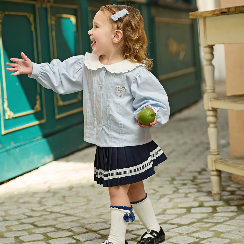 Dave Bella enfants demi jupe ensemble automne printemps filles dentelle col haut jupe plissée deux p