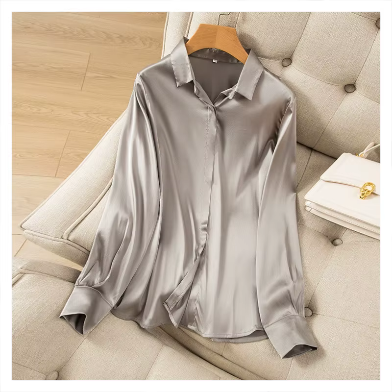 2025 femmes haut tendance tempérament lourd soie élastique Satin couleur unie à manches longues bure