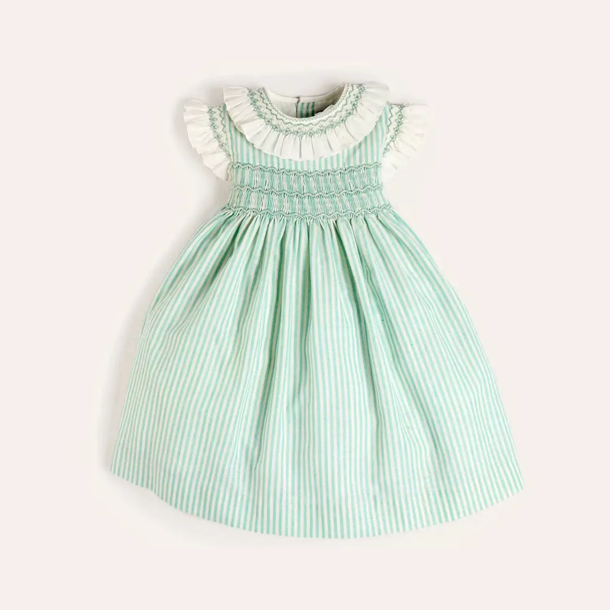 Robes d'été élégantes sans manches pour filles, couleur verte, rayées, avec col smocké à volants fai