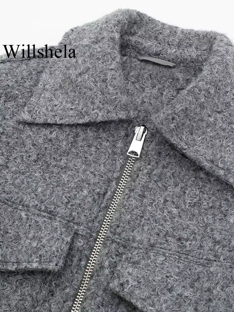 Willshela femmes mode avec poches gris avant vestes à glissière Vintage revers cou manches longues f