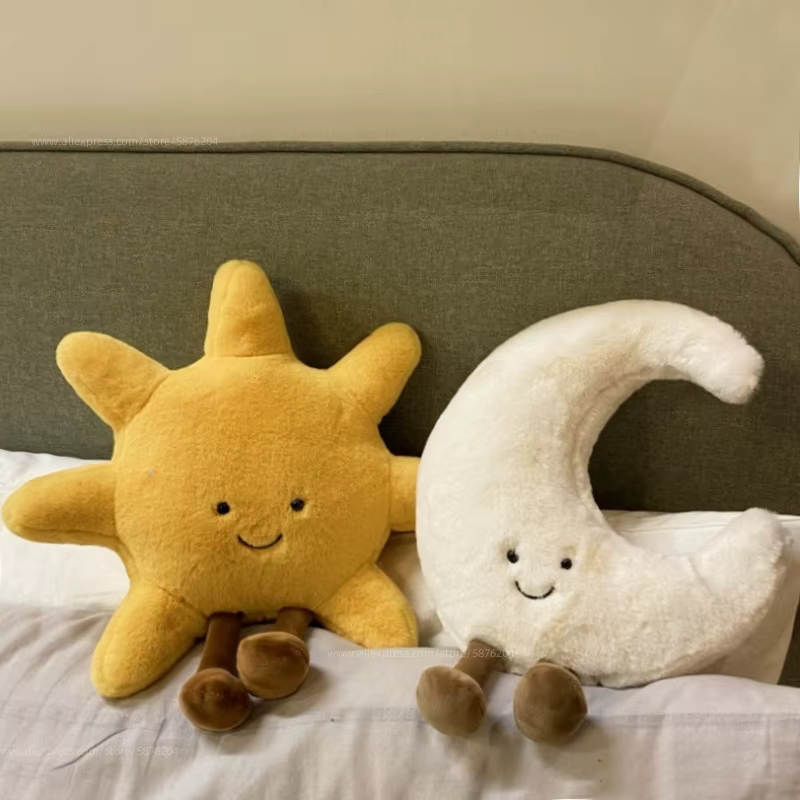 Adorable sourire visage blanc lune jaune soleil peluche peluche mignon dessin animé météo peluche jo