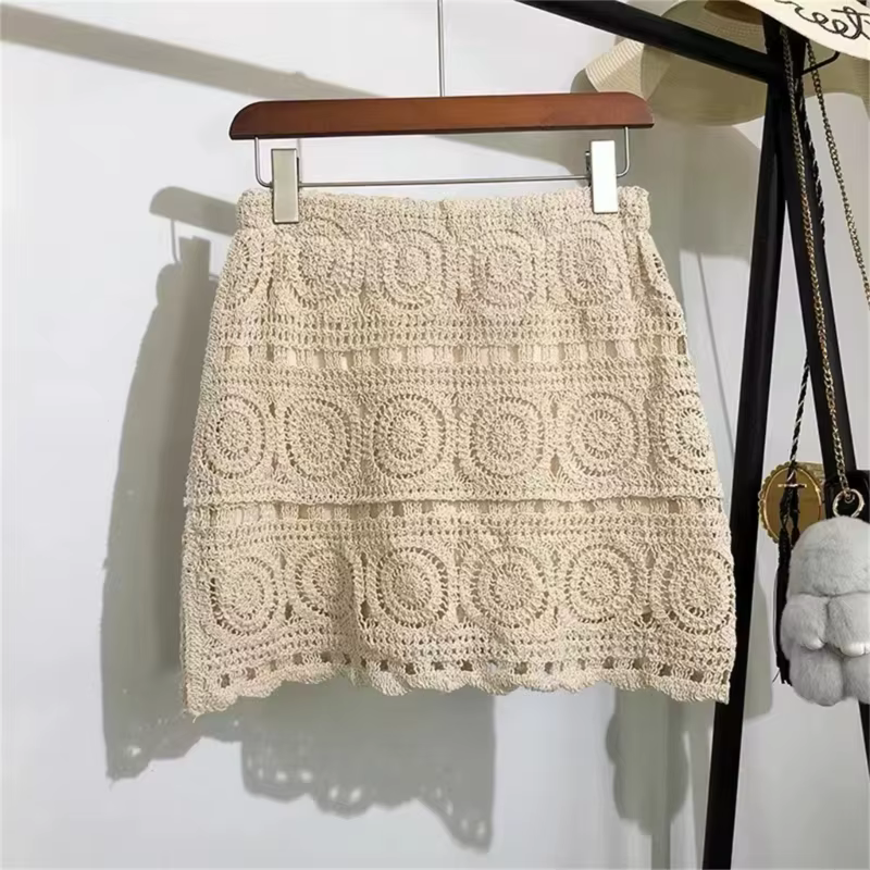 Mini jupe ajourée en tricot pour femmes, modèle géométrique Boho, taille haute, vacances à la plage,