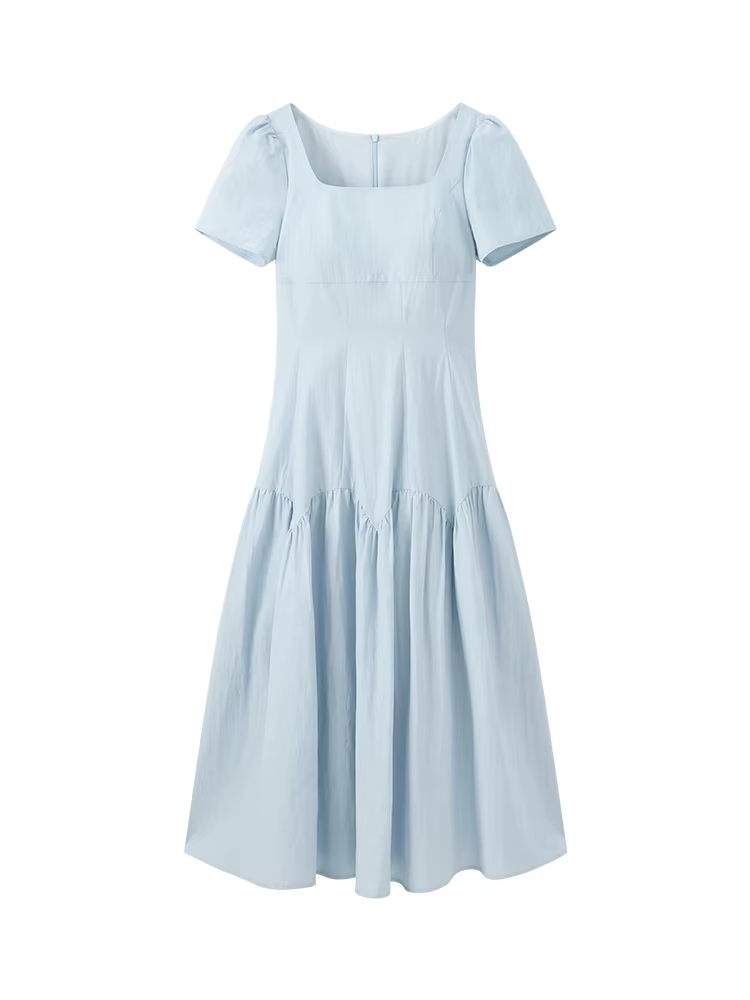 Robe longue française à manches courtes et col carré pour femmes, coupe cintrée, ligne a, Petite tai