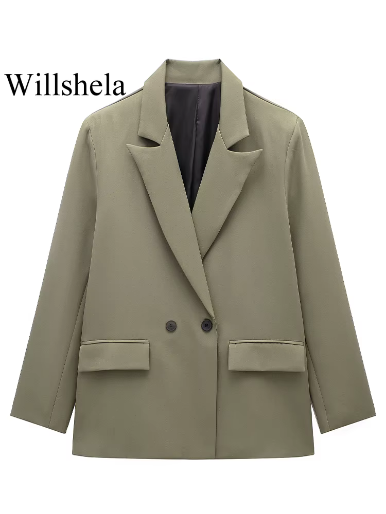 Willshela femmes mode avec poches solide Double boutonnage Blazer Vintage manches longues col cranté